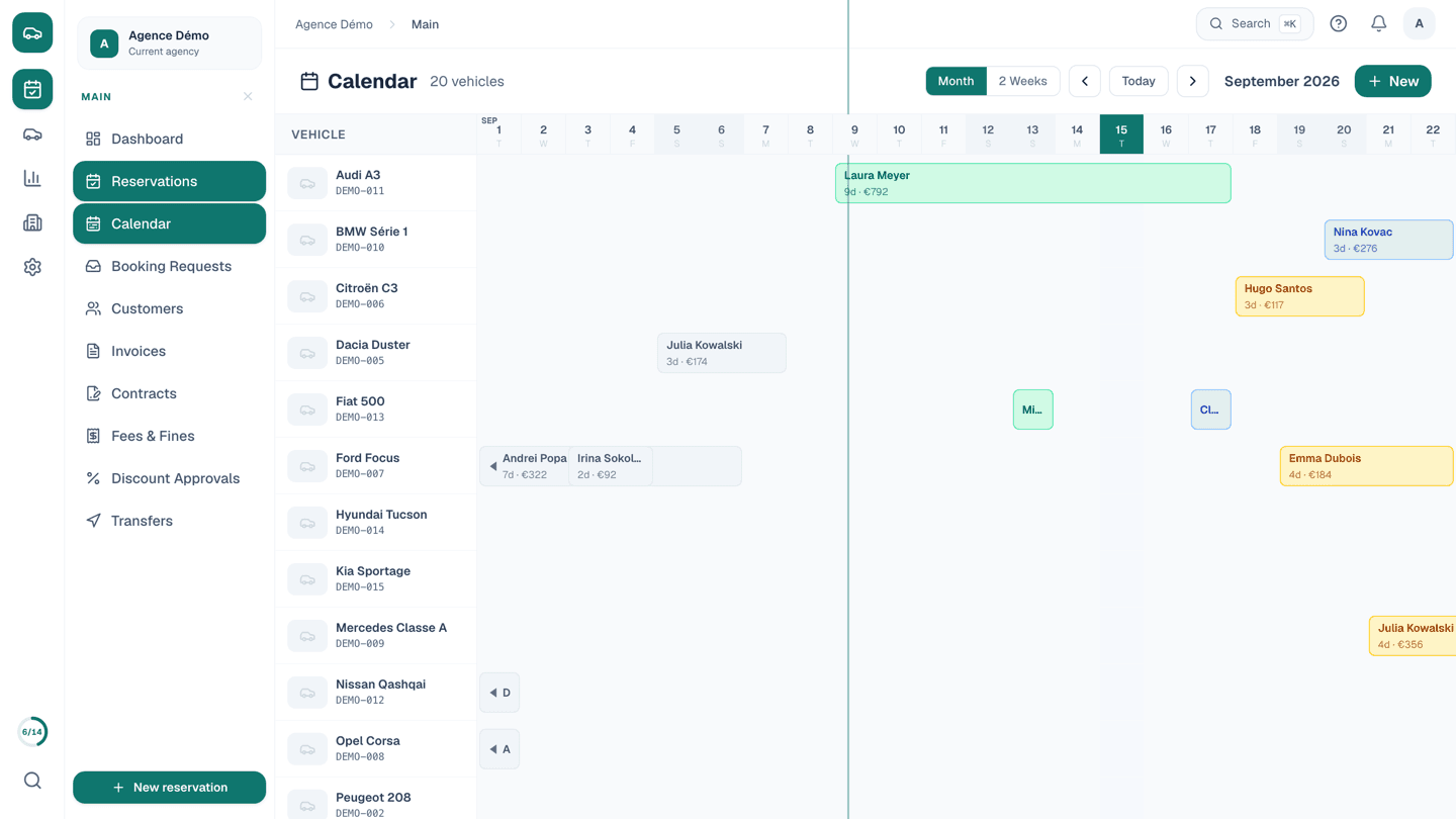 A rental planning calendar showing each vehicle as a row and every booking as a bar across the dates