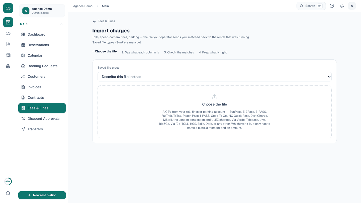 Charging tolls and fines back to the renter without retyping the statement
