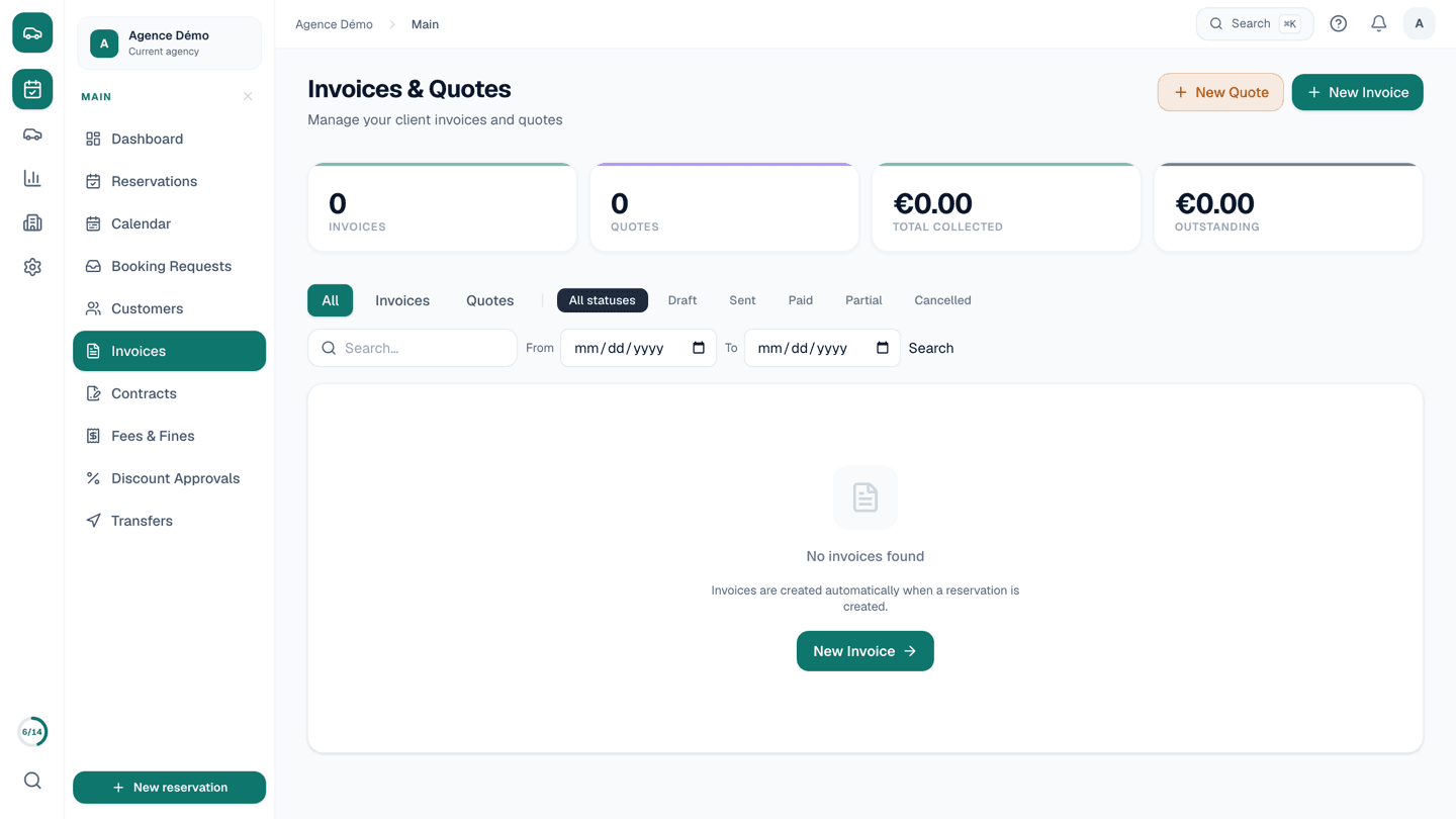 An invoicing screen listing rental invoices with their status and amounts